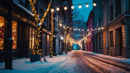 Wall Mural - Winter street with colorful lights and festive decor