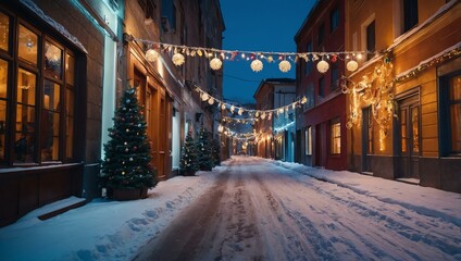 Wall Mural - Winter street with colorful lights and festive decor