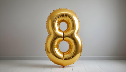 Wall Mural - A large golden number 8 balloon, floating, in a bright room