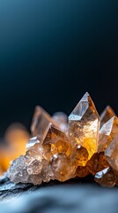 Canvas Print -  A collection of yellow crystals rests atop a table Behind them, a blue wall contrasts with the backdrop of a black wall