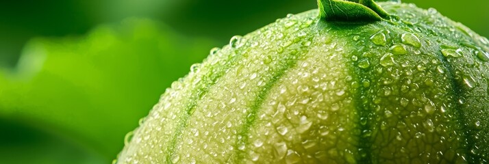 Poster -  A tight shot of a green leaf dotted with water droplets, against a backdrop of undulating green foliage