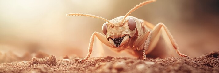  A tight shot of a bug on the ground, surrounded by dirt in the foreground Behind the bug, a source of light illuminates the scene