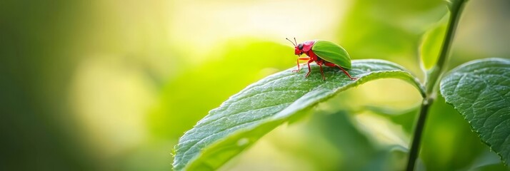  A green bug atop a leaf, on a sunlit, leafy green plant