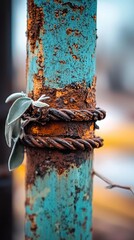  A tight shot of a weathered metal pole topped with a bloom and a leaf at its tip