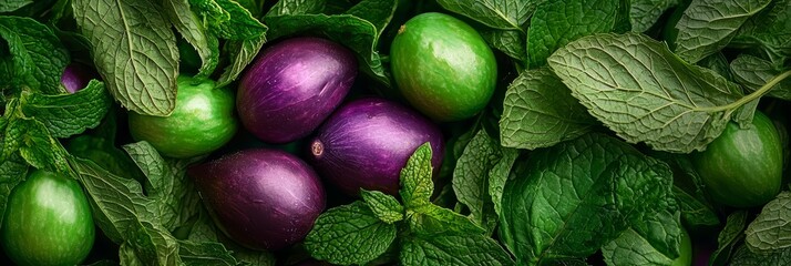  A mound of green and purple vegetables atop a heap of leafy greens