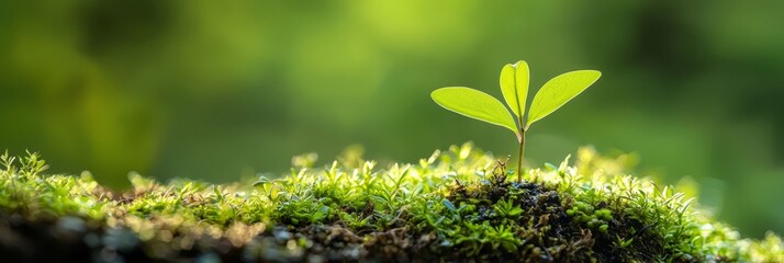  A small green plant emerges from a mossy surface, bathed in sunlight, against an indistinct background