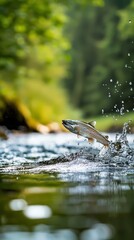  A fish leaping from the water to snatch another fish, with trees as the backdrop