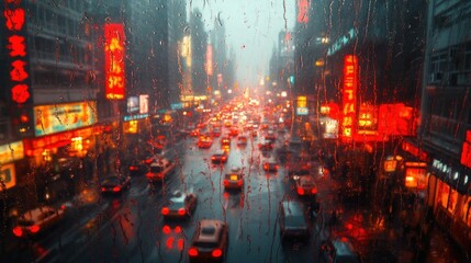 Wall Mural - Rainy urban scene with vibrant lights and busy traffic.