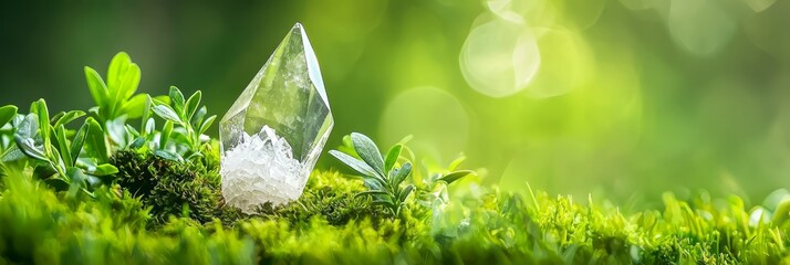  A clear glass object rests atop a verdant grassy landscape, its foreground distinct, backdrop softly blurred