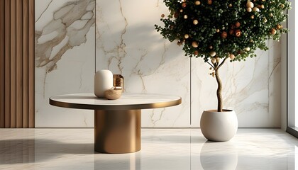 Festive Abstract Interior with Marble Table and Warm Decor for a Joyful Christmas Celebration