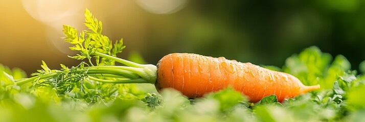 Sticker -  A tight shot of several carrots, their verdant tips poking up from a lush grass field, speckled with water droplets atop