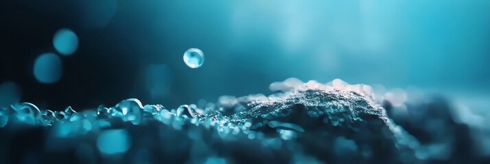 A tight shot of water droplets on a submerged rock against a deep blue backdrop, illuminated by light reflecting off the surface