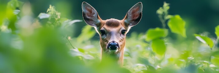 Wall Mural -  A tight shot of a deer's face in a sea of towering grass and verdant leaves, the backdrop softly unfocused