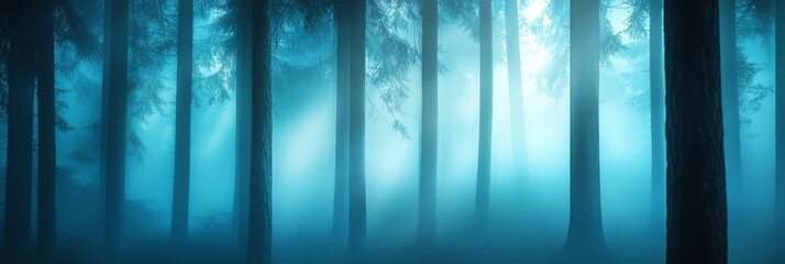 Poster -  A forest teeming with numerous tall trees amidst a blue, foggy expanse