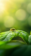 Poster -  A sharp image of a green leaf with a spider situated atop its surface, surrounded by a blurred background