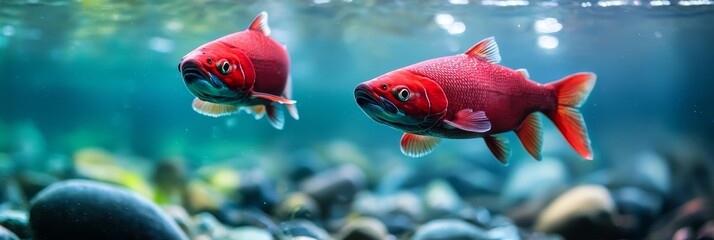  A pair of scarlet fish swimming side by side above a blue ocean dotted with submerged rocks