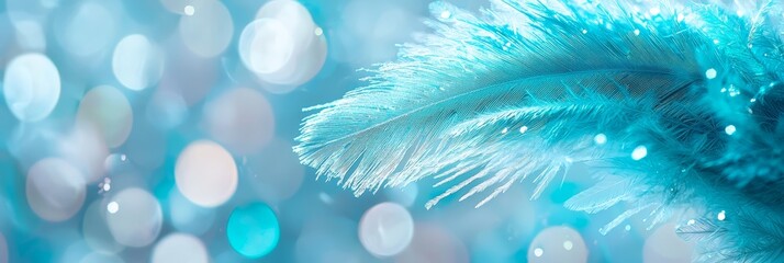 Poster -  A tight shot of a single blue feather against a solid blue backdrop, with soft beams of light radiating from surrounding containers