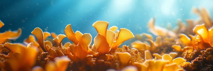 Wall Mural -  A tight shot of a sea anemone on a coral reef, sunlight filtering through water behind it