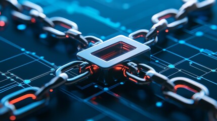 Blockchain technology concept with metal chains and digital network. Cybersecurity and cryptocurrency symbol on futuristic grid background.