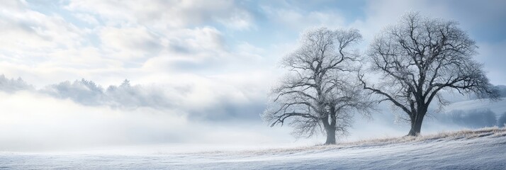 Sticker -  Trees, a pair, standing in a snow-covered field's center Blue sky overhead, speckled with clouds