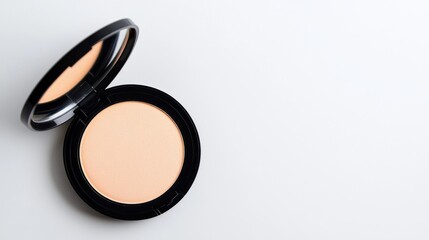 Close-up of compact face powder in black case on white background. Minimalist beauty product for flawless skin.