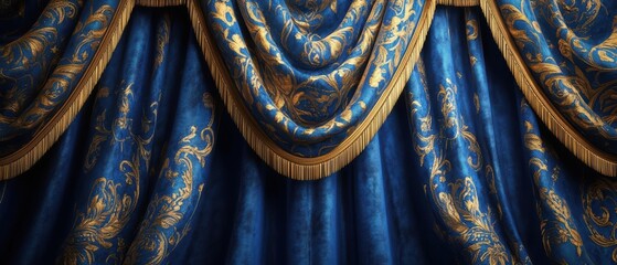 Luxurious blue curtain with intricate gold patterns, perfect for adding elegance to any interior design project.