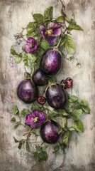 Wall Mural -  A painting of an eggplant with leaves and flowers, depicted against a backdrop of paper adorned with leaves and flowers