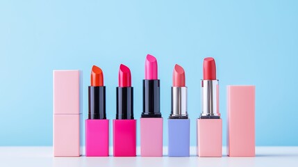 Collection of colorful lipsticks standing in a row against blue background, makeup and beauty essentials