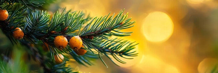 Wall Mural -  A tight shot of a pine branch, adorned with cones and needles bearing cones, against a backdrop of yellow lights