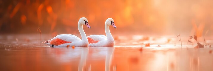 Canvas Print -  Two white swans float on a body of water, adjacent to one another