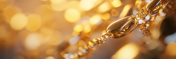 Poster -  A tight shot of a gold chain suspended from a string of gold chains, backdrop featuring indistinct, radiant light