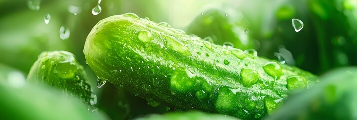  A tight shot of a cucumber dripping with water, accompanied by a verdant plant in the backdrop