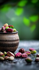 Sticker -  A bowl of nuts atop a table, behind it, a green leafy tree