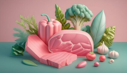 Wall Mural - 3D render of meat, vegetables, bell peppers, tomatoes, onions, garlic and herbs in cute low polygon shapes in pastel colors.