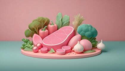 Wall Mural - 3D render of meat, vegetables, bell peppers, tomatoes, onions, garlic and herbs in cute low polygon shapes in pastel colors.