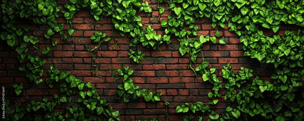Vibrant green ivy cascading over a rustic brick wall, creating a ...