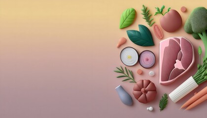 Wall Mural - 3D render of meat, vegetables, bell peppers, tomatoes, onions, garlic and herbs in cute low polygon shapes in pastel colors.