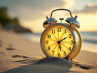 A vibrant yellow alarm clock rests on sandy beach during sunset, illustrating the passage of time in a serene coastal setting