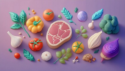 Wall Mural - 3D render of meat, vegetables, bell peppers, tomatoes, onions, garlic and herbs in cute low polygon shapes in pastel colors.