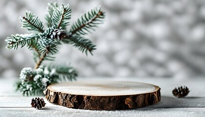 Wall Mural - Rustic wooden podium for product presentation with fir branches on white background, ideal for winter decor and cosmetic displays