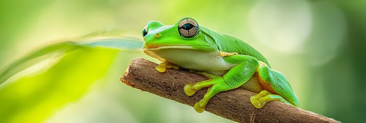 Wall Mural -  A green frog sits on a crystal-clear branch against a slightly blurred backdrop of leaves and a green background