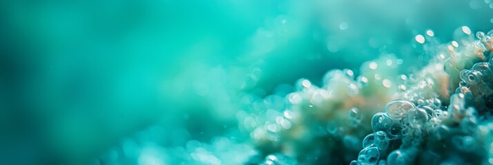 Poster -  A tight shot of water bubbles on a body of water's surface, surrounded by a blue sky backdrop