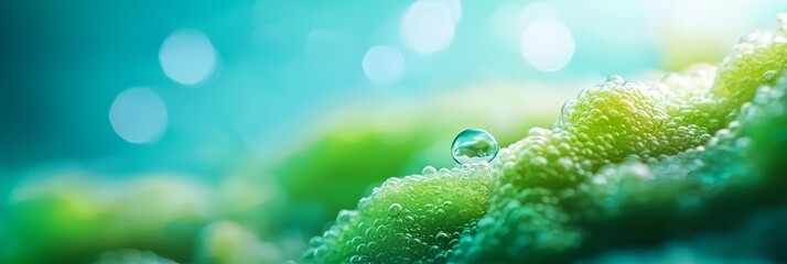 Wall Mural -  A tight shot of a green plant, dewdrops glistening on its foliage, against a backdrop of a blue sky