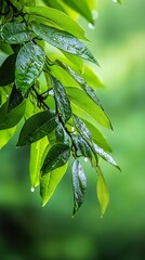 Wall Mural -  A tight shot of a green tree with wet leaves and a distorted backdrop..or..Intense image of a green tree, its leaves speckled with rain