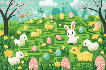 Poster - A cartoon of a rabbit and other animals in a field with Easter eggs