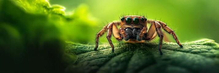 Wall Mural -  A tight shot of a jumping spider mid-leap against a verdant backdrop of blurred green leaves