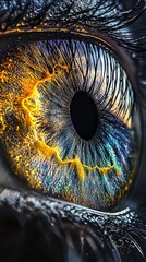 Wall Mural -  A tight shot of a blue eye adorned with yellow and blue streaks within its iris