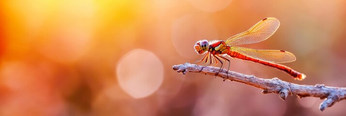  A red dragonfly up close on a twig, branch's background softly blurred with bokeh lighting