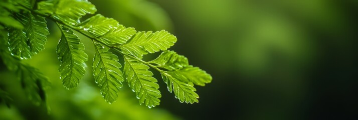 Canvas Print -  A close-up of a green leaf, dotted with water droplets, lies in the foreground The background softly blurs