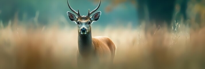 Canvas Print -  A deer stands before a field of tall grass, framed by trees and a blue sky